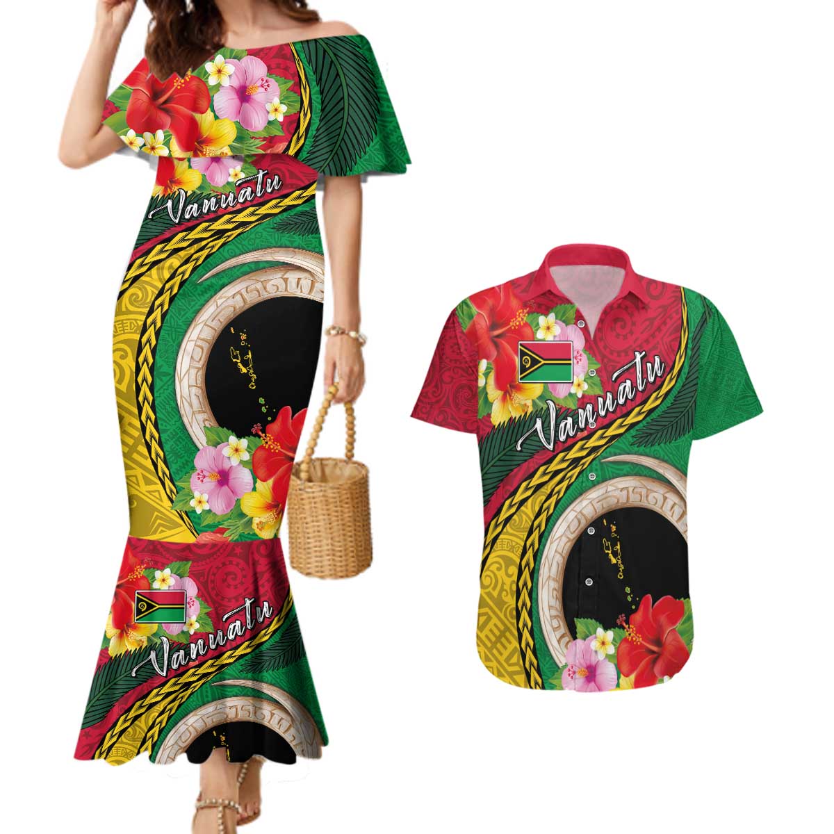 Vanuatu Tribal Boar Tusk Couples Matching Mermaid Dress and Hawaiian Shirt Tropical Plants with Namele and Melanesian Pattern LT03 Red - Polynesian Pride