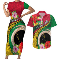 Vanuatu Tribal Boar Tusk Couples Matching Short Sleeve Bodycon Dress and Hawaiian Shirt Tropical Plants with Namele and Melanesian Pattern LT03 Red - Polynesian Pride