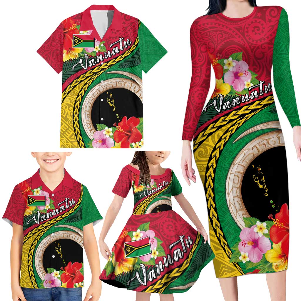 Vanuatu Tribal Boar Tusk Family Matching Long Sleeve Bodycon Dress and Hawaiian Shirt Tropical Plants with Namele and Melanesian Pattern LT03 - Polynesian Pride