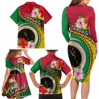 Vanuatu Tribal Boar Tusk Family Matching Long Sleeve Bodycon Dress and Hawaiian Shirt Tropical Plants with Namele and Melanesian Pattern LT03 - Polynesian Pride