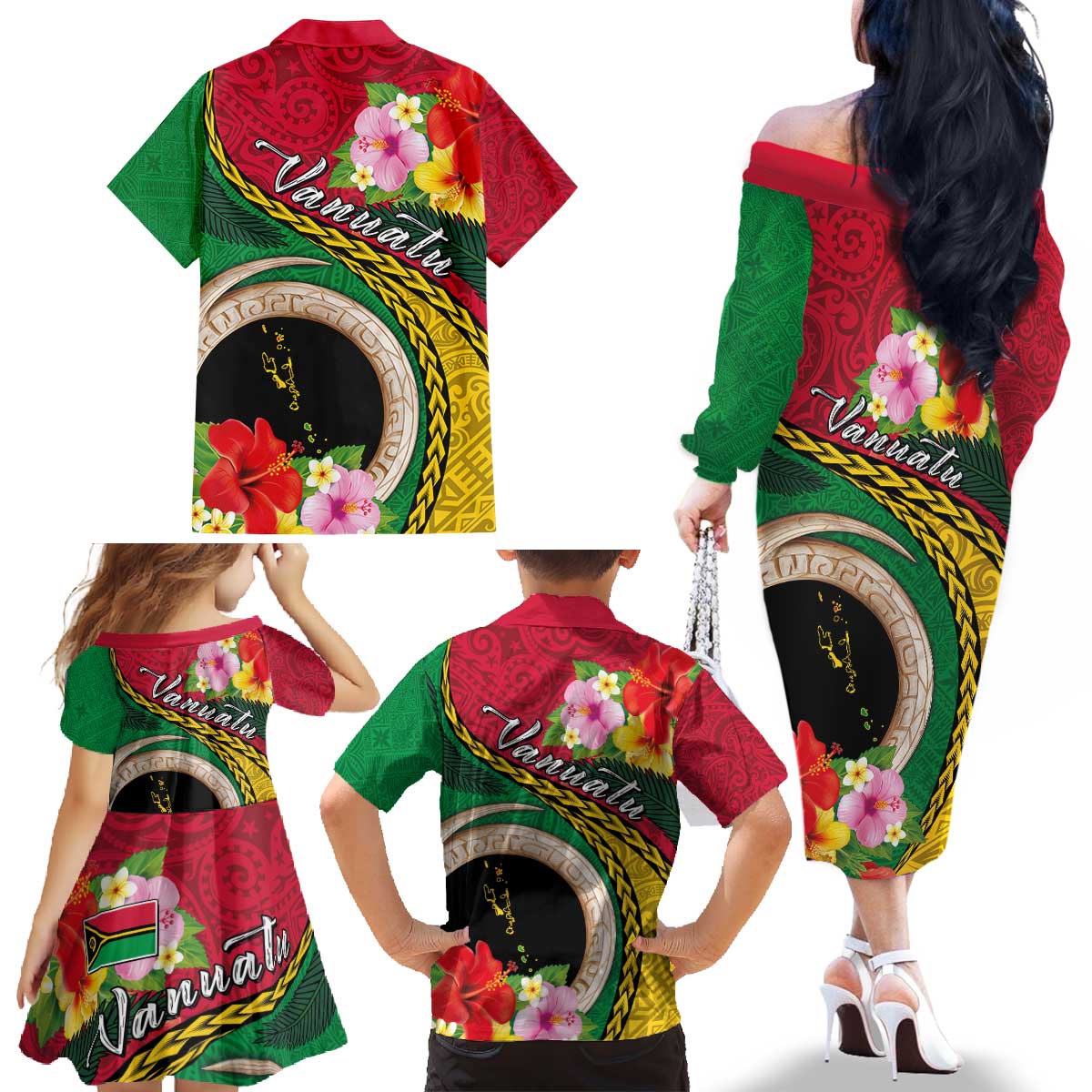 Vanuatu Tribal Boar Tusk Family Matching Off The Shoulder Long Sleeve Dress and Hawaiian Shirt Tropical Plants with Namele and Melanesian Pattern LT03 - Polynesian Pride