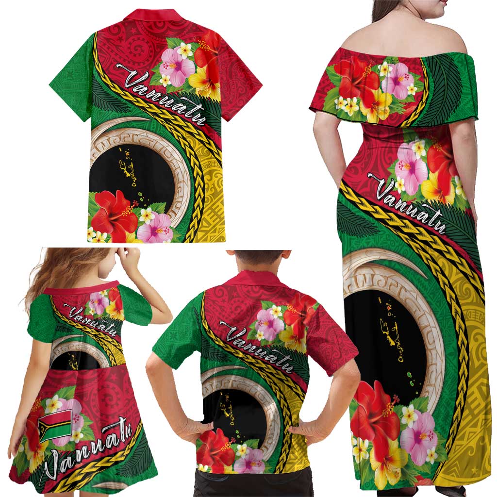 Vanuatu Tribal Boar Tusk Family Matching Off Shoulder Maxi Dress and Hawaiian Shirt Tropical Plants with Namele and Melanesian Pattern LT03 - Polynesian Pride