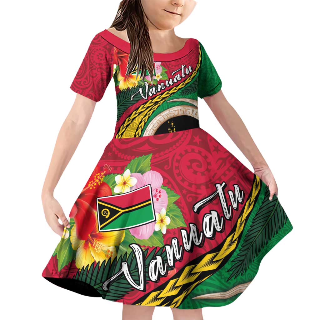 Vanuatu Tribal Boar Tusk Family Matching Off Shoulder Short Dress and Hawaiian Shirt Tropical Plants with Namele and Melanesian Pattern LT03 Daughter's Dress Red - Polynesian Pride