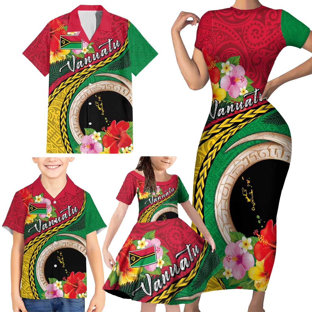 Vanuatu Tribal Boar Tusk Family Matching Short Sleeve Bodycon Dress and Hawaiian Shirt Tropical Plants with Namele and Melanesian Pattern LT03 - Polynesian Pride