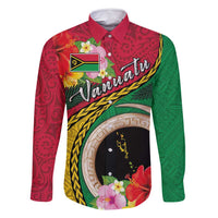 Vanuatu Tribal Boar Tusk Family Matching Summer Maxi Dress and Hawaiian Shirt Tropical Plants with Namele and Melanesian Pattern LT03 Dad's Shirt - Long Sleeve Red - Polynesian Pride