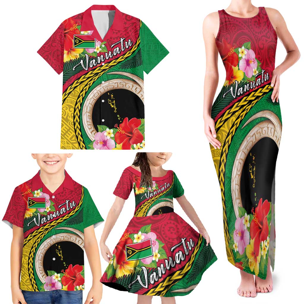 Vanuatu Tribal Boar Tusk Family Matching Tank Maxi Dress and Hawaiian Shirt Tropical Plants with Namele and Melanesian Pattern LT03 - Polynesian Pride