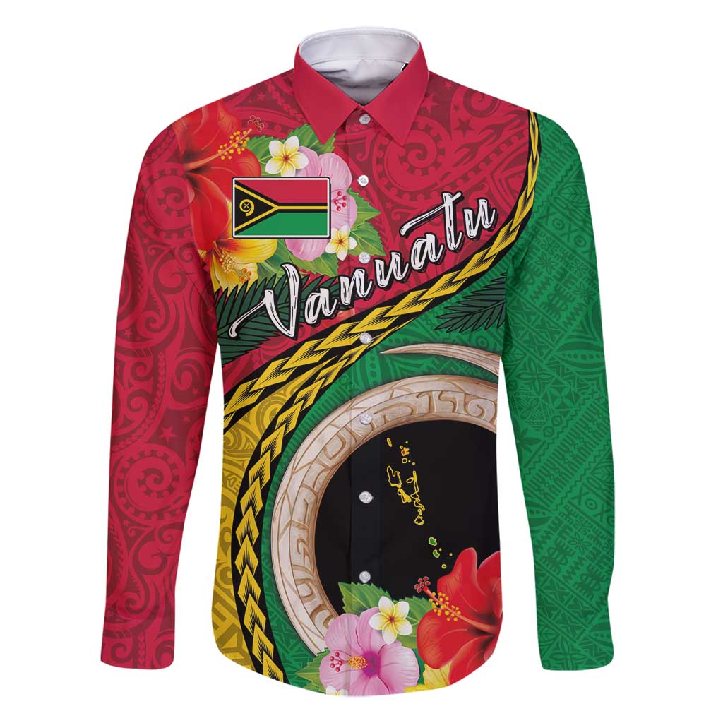 Vanuatu Tribal Boar Tusk Family Matching Tank Maxi Dress and Hawaiian Shirt Tropical Plants with Namele and Melanesian Pattern LT03 Dad's Shirt - Long Sleeve Red - Polynesian Pride