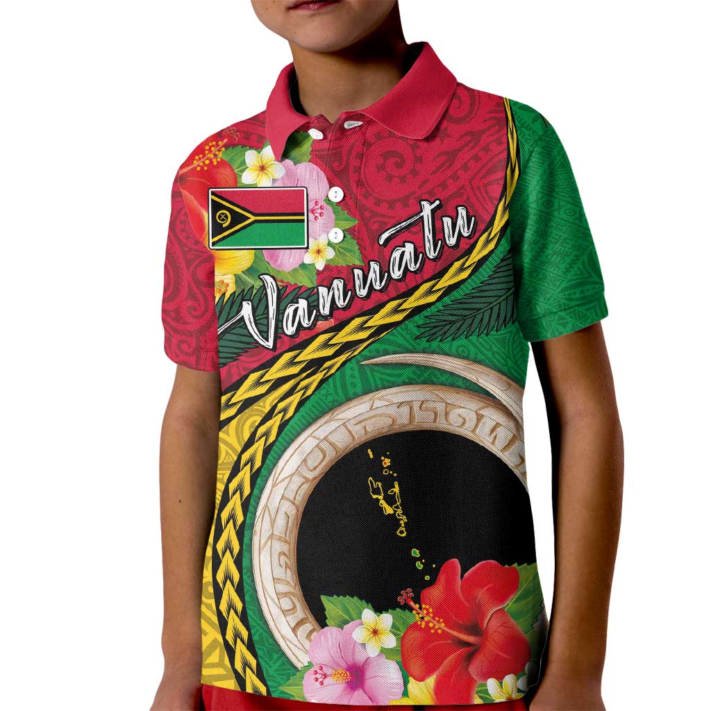 Vanuatu Tribal Boar Tusk Kid Polo Shirt Tropical Plants with Namele and Melanesian Pattern LT03 Kid Red - Polynesian Pride
