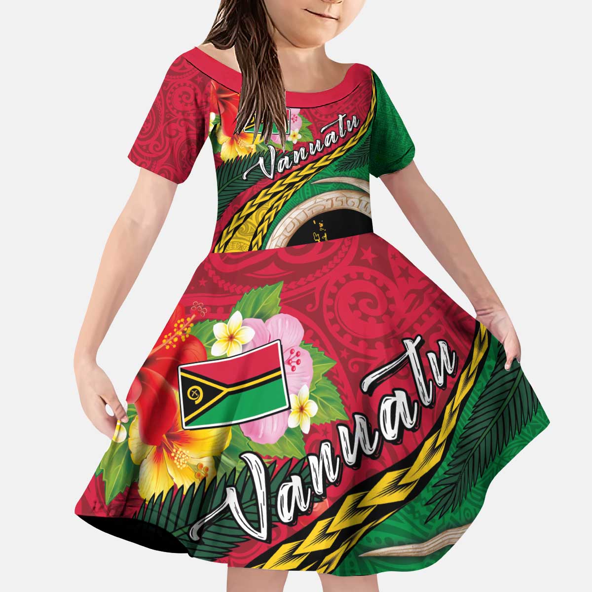 Vanuatu Tribal Boar Tusk Kid Short Sleeve Dress Tropical Plants with Namele and Melanesian Pattern