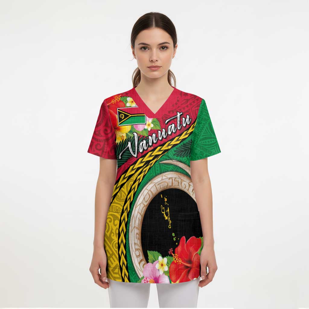 Vanuatu Tribal Boar Tusk Scrub Top Tropical Plants with Namele and Melanesian Pattern - Polynesian Pride