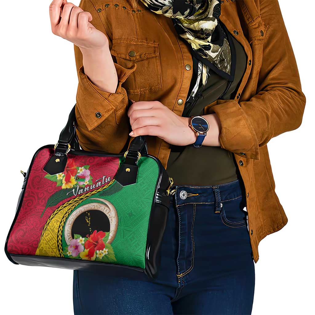 Vanuatu Tribal Boar Tusk Shoulder Handbag Tropical Plants with Namele and Melanesian Pattern