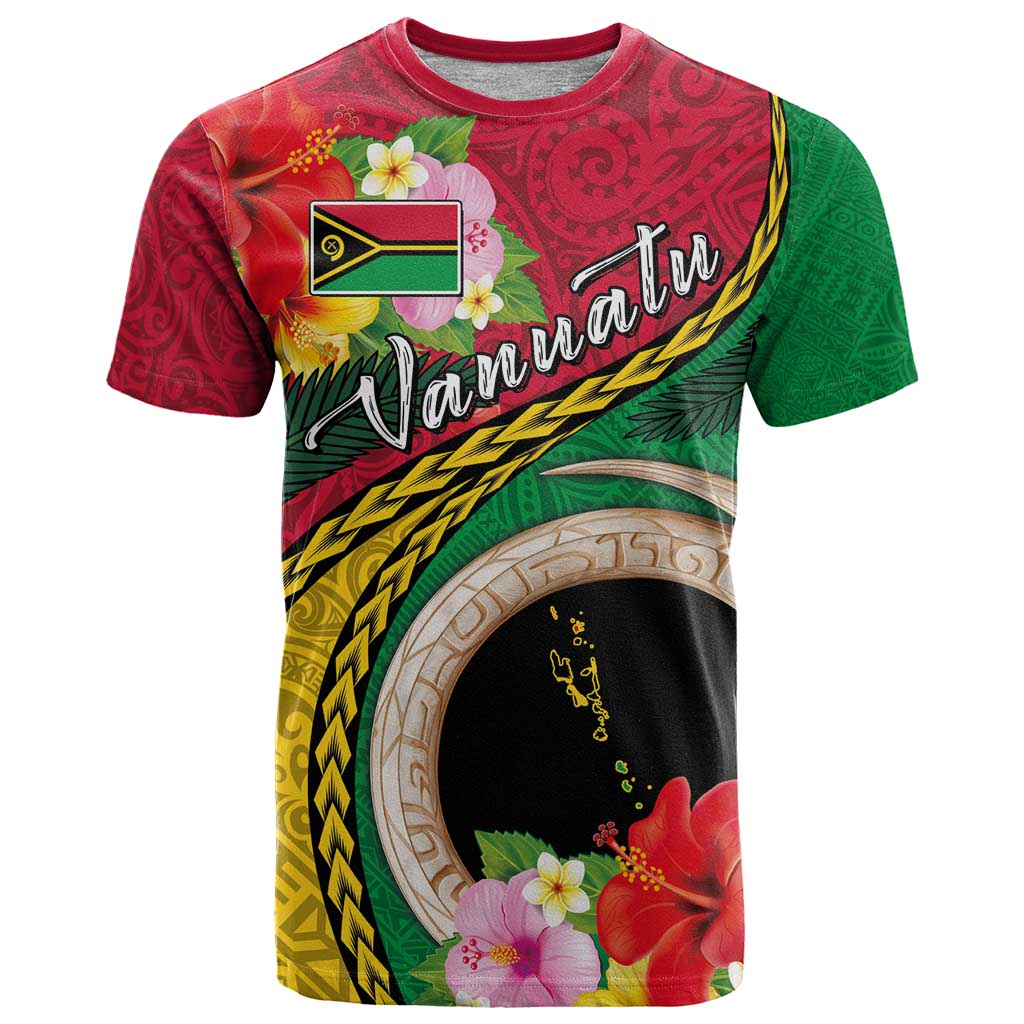 Vanuatu Tribal Boar Tusk T Shirt Tropical Plants with Namele and Melanesian Pattern