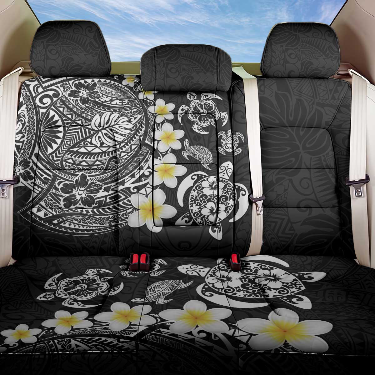 Hawaiian Plumeria Turtles Back Car Seat Cover Polynesian Art Tattoo LT03 One Size Black - Polynesian Pride