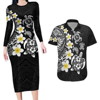 Hawaiian Plumeria Turtles Couples Matching Long Sleeve Bodycon Dress and Hawaiian Shirt Polynesian Art Tattoo LT03 Black - Polynesian Pride