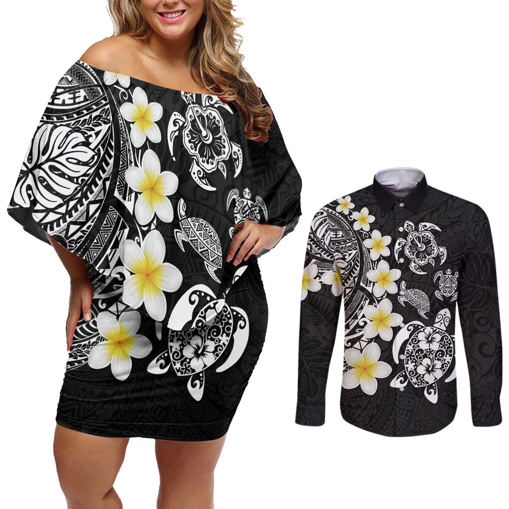 Hawaiian Plumeria Turtles Couples Matching Off Shoulder Short Dress and Long Sleeve Button Shirt Polynesian Art Tattoo LT03 Black - Polynesian Pride