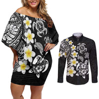 Hawaiian Plumeria Turtles Couples Matching Off Shoulder Short Dress and Long Sleeve Button Shirt Polynesian Art Tattoo LT03 Black - Polynesian Pride