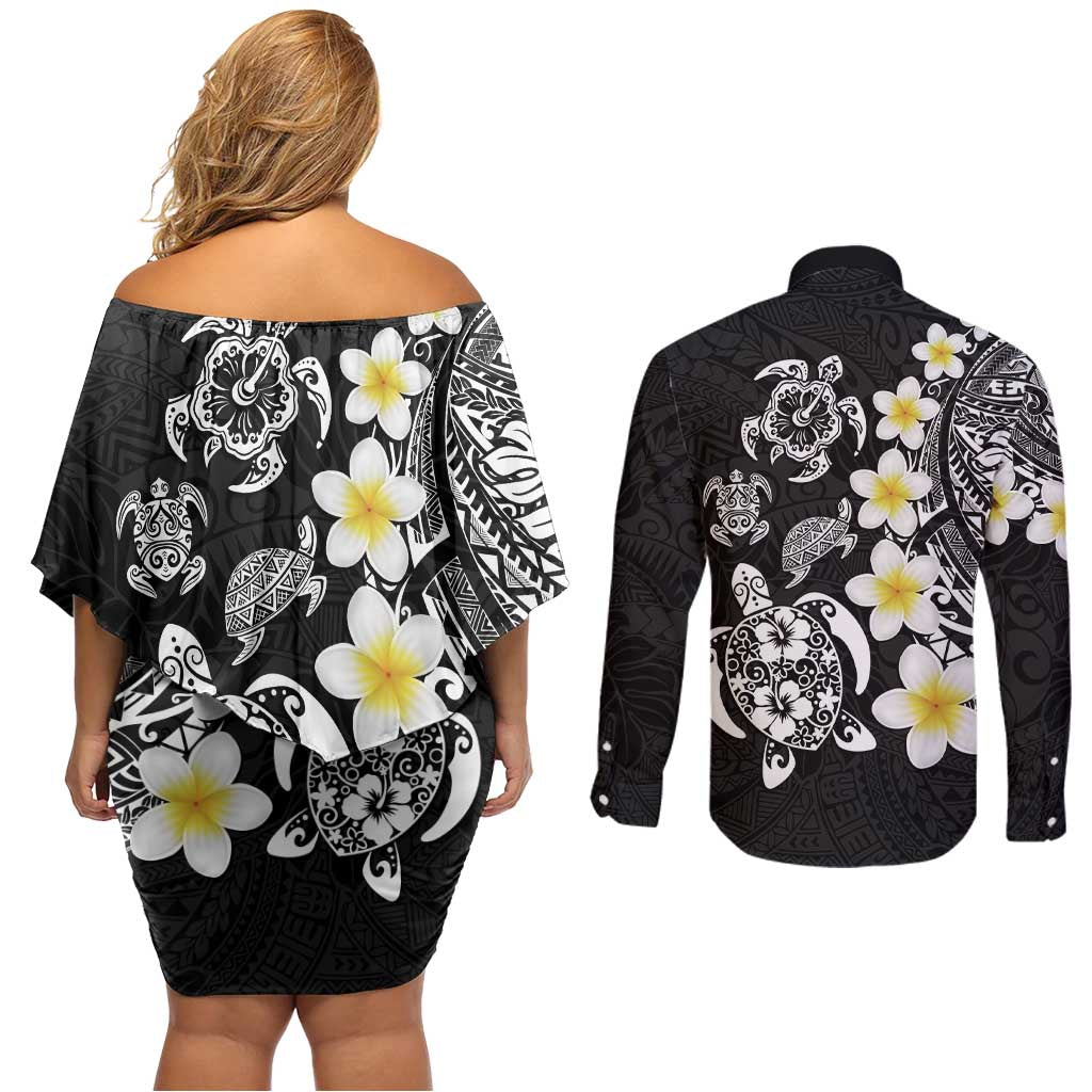 Hawaiian Plumeria Turtles Couples Matching Off Shoulder Short Dress and Long Sleeve Button Shirt Polynesian Art Tattoo LT03 - Polynesian Pride