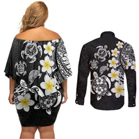 Hawaiian Plumeria Turtles Couples Matching Off Shoulder Short Dress and Long Sleeve Button Shirt Polynesian Art Tattoo LT03 - Polynesian Pride