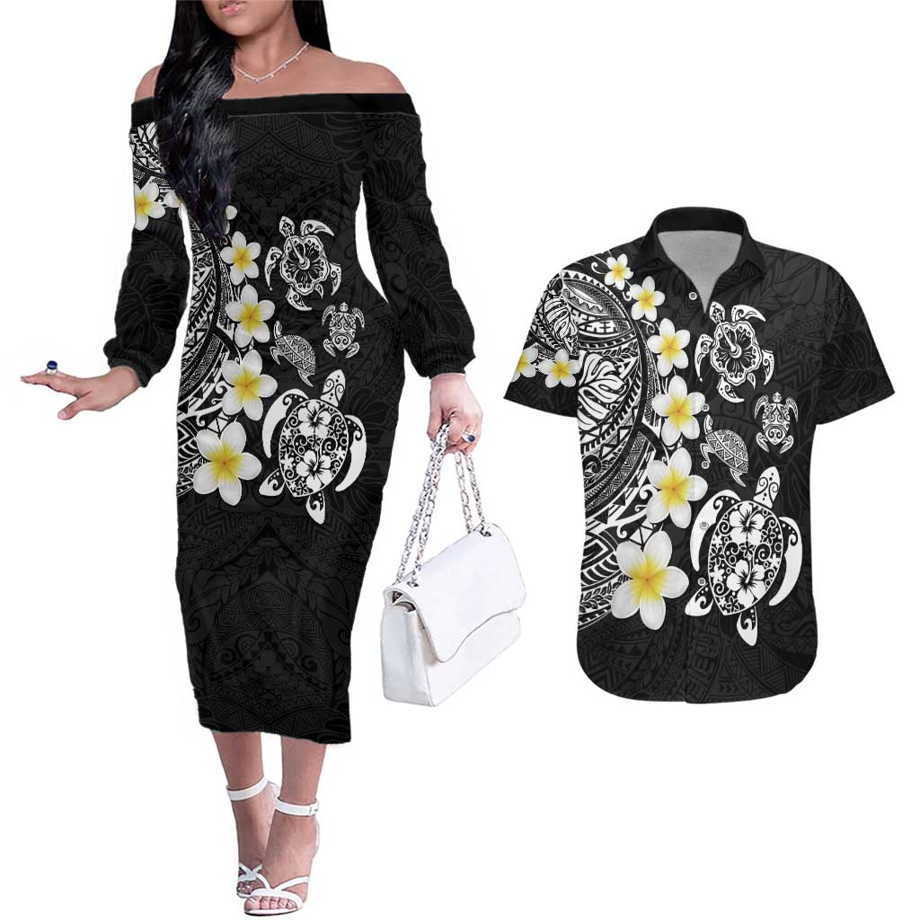Hawaiian Plumeria Turtles Couples Matching Off The Shoulder Long Sleeve Dress and Hawaiian Shirt Polynesian Art Tattoo LT03 Black - Polynesian Pride