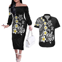 Hawaiian Plumeria Turtles Couples Matching Off The Shoulder Long Sleeve Dress and Hawaiian Shirt Polynesian Art Tattoo LT03 Black - Polynesian Pride