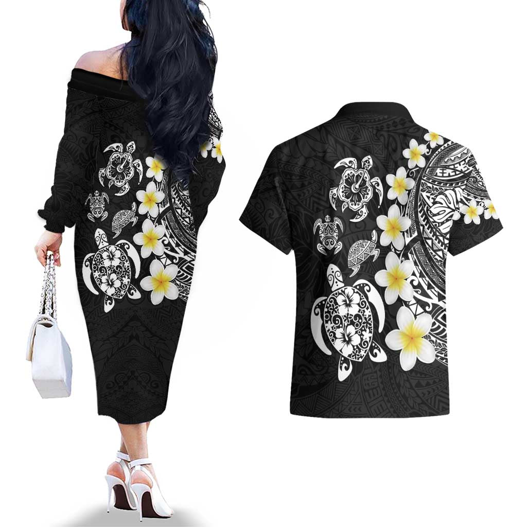 Hawaiian Plumeria Turtles Couples Matching Off The Shoulder Long Sleeve Dress and Hawaiian Shirt Polynesian Art Tattoo LT03 - Polynesian Pride