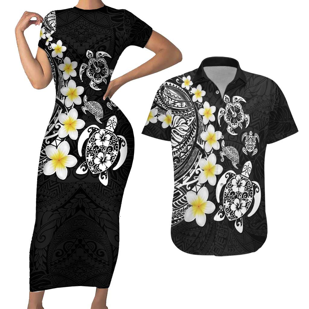 Hawaiian Plumeria Turtles Couples Matching Short Sleeve Bodycon Dress and Hawaiian Shirt Polynesian Art Tattoo LT03 Black - Polynesian Pride