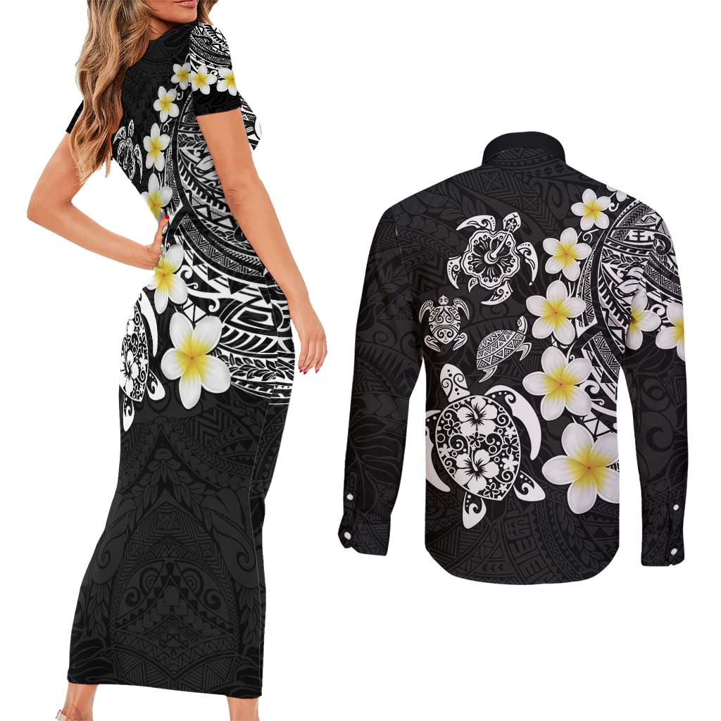 Hawaiian Plumeria Turtles Couples Matching Short Sleeve Bodycon Dress and Long Sleeve Button Shirt Polynesian Art Tattoo