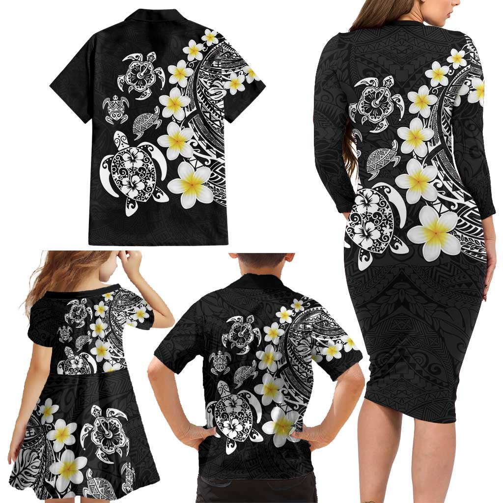 Hawaiian Plumeria Turtles Family Matching Long Sleeve Bodycon Dress and Hawaiian Shirt Polynesian Art Tattoo LT03 - Polynesian Pride