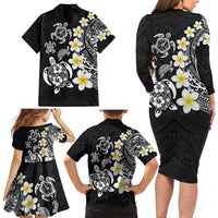 Hawaiian Plumeria Turtles Family Matching Long Sleeve Bodycon Dress and Hawaiian Shirt Polynesian Art Tattoo LT03 - Polynesian Pride