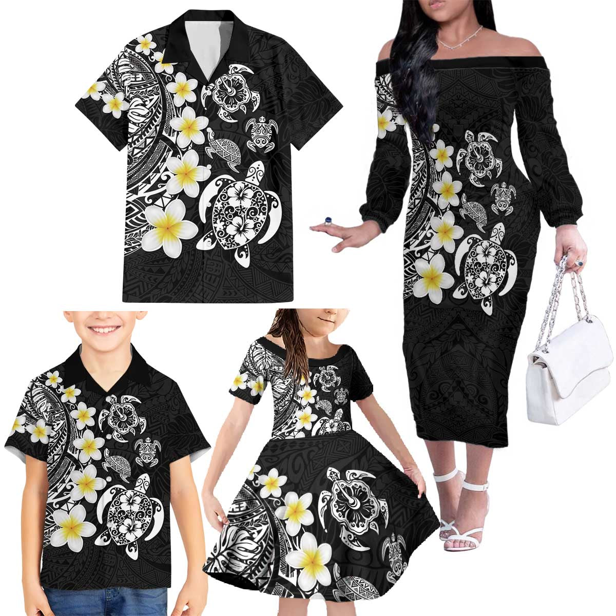 Hawaiian Plumeria Turtles Family Matching Off The Shoulder Long Sleeve Dress and Hawaiian Shirt Polynesian Art Tattoo LT03 - Polynesian Pride