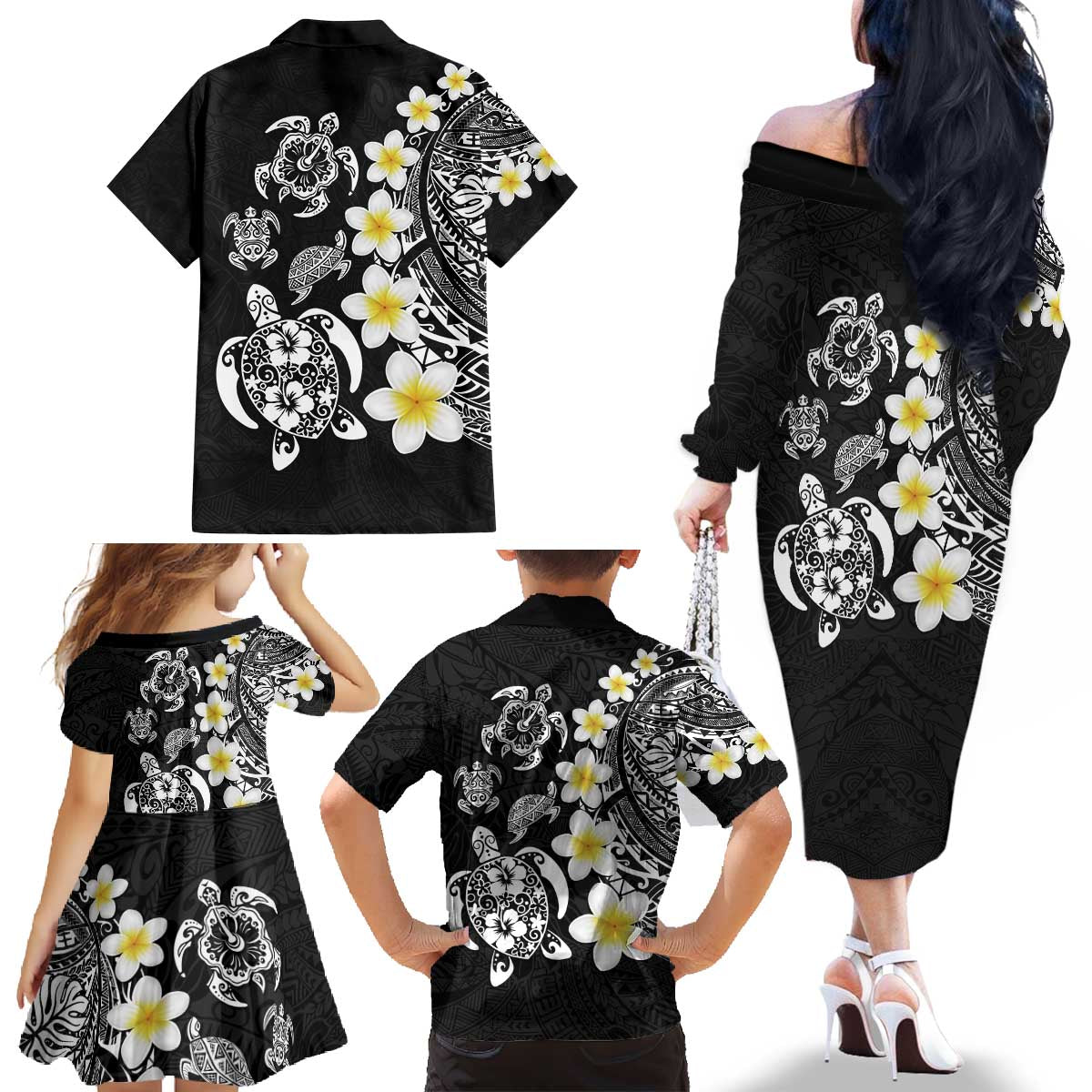 Hawaiian Plumeria Turtles Family Matching Off The Shoulder Long Sleeve Dress and Hawaiian Shirt Polynesian Art Tattoo LT03 - Polynesian Pride