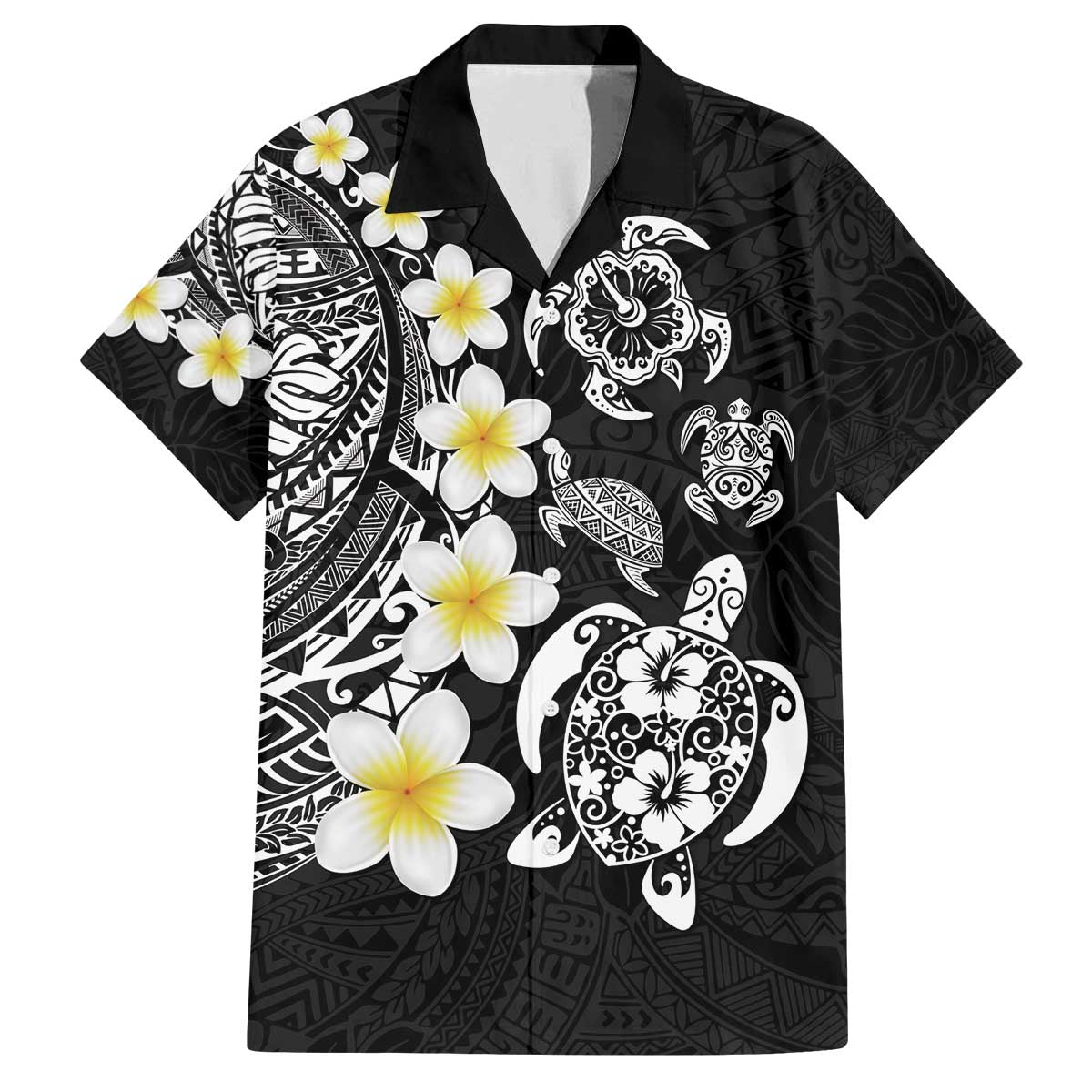 Hawaiian Plumeria Turtles Family Matching Off The Shoulder Long Sleeve Dress and Hawaiian Shirt Polynesian Art Tattoo LT03 Dad's Shirt - Short Sleeve Black - Polynesian Pride
