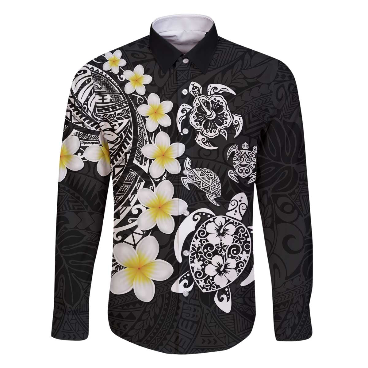 Hawaiian Plumeria Turtles Family Matching Off The Shoulder Long Sleeve Dress and Hawaiian Shirt Polynesian Art Tattoo LT03 Dad's Shirt - Long Sleeve Black - Polynesian Pride