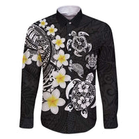 Hawaiian Plumeria Turtles Family Matching Off The Shoulder Long Sleeve Dress and Hawaiian Shirt Polynesian Art Tattoo LT03 Dad's Shirt - Long Sleeve Black - Polynesian Pride