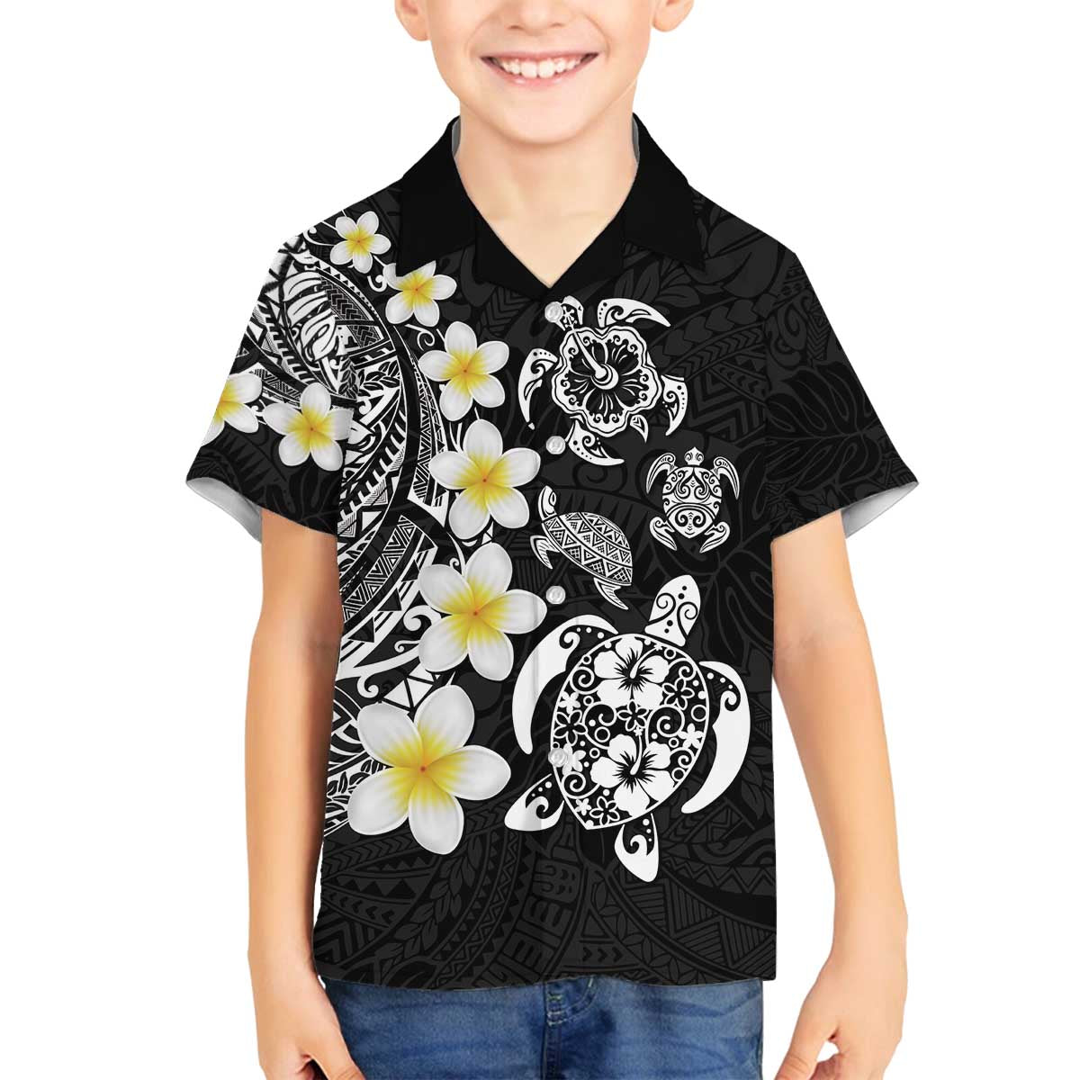 Hawaiian Plumeria Turtles Family Matching Off The Shoulder Long Sleeve Dress and Hawaiian Shirt Polynesian Art Tattoo LT03 Son's Shirt Black - Polynesian Pride