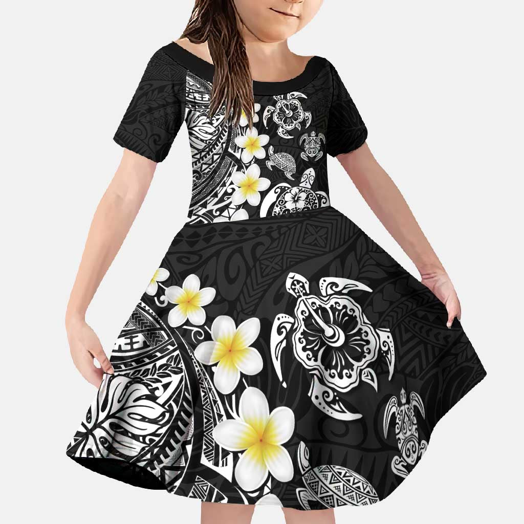 Hawaiian Plumeria Turtles Family Matching Off Shoulder Maxi Dress and Hawaiian Shirt Polynesian Art Tattoo LT03 Daughter's Dress Black - Polynesian Pride