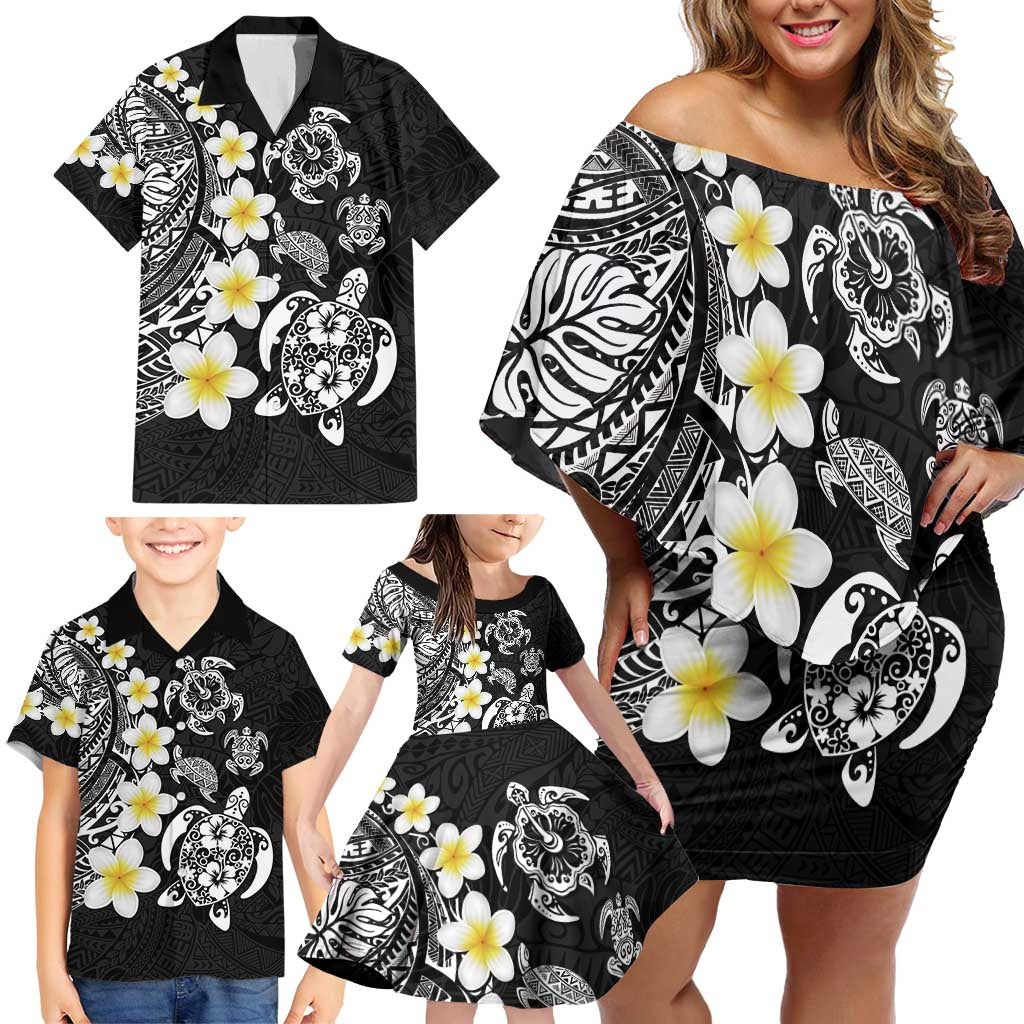 Hawaiian Plumeria Turtles Family Matching Off Shoulder Short Dress and Hawaiian Shirt Polynesian Art Tattoo LT03 - Polynesian Pride