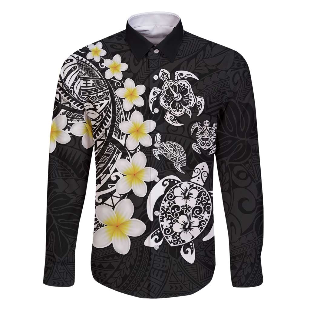 Hawaiian Plumeria Turtles Family Matching Off Shoulder Short Dress and Hawaiian Shirt Polynesian Art Tattoo LT03 Dad's Shirt - Long Sleeve Black - Polynesian Pride