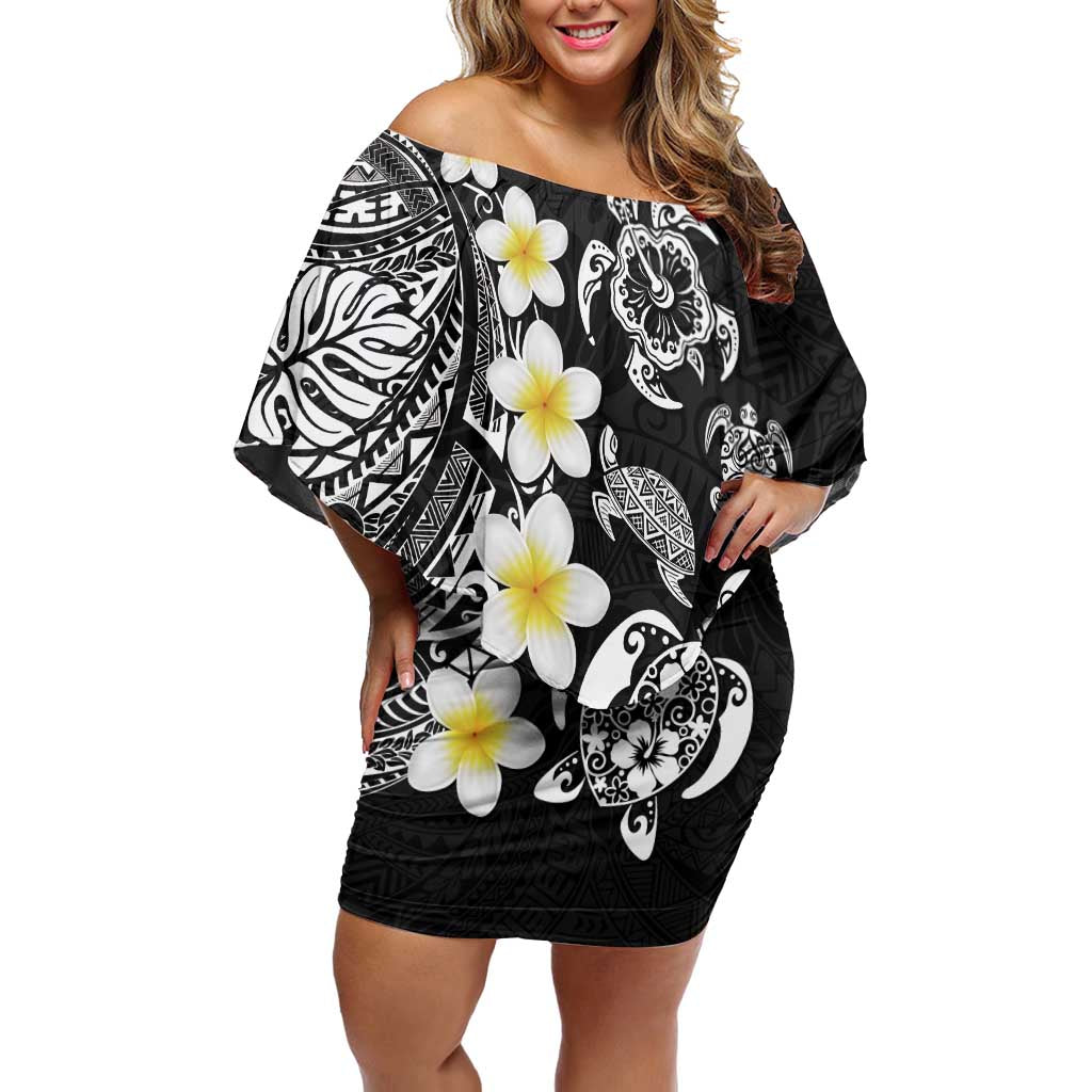 Hawaiian Plumeria Turtles Family Matching Off Shoulder Short Dress and Hawaiian Shirt Polynesian Art Tattoo LT03 Mom's Dress Black - Polynesian Pride