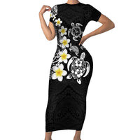 Hawaiian Plumeria Turtles Family Matching Short Sleeve Bodycon Dress and Hawaiian Shirt Polynesian Art Tattoo LT03 Mom's Dress Black - Polynesian Pride