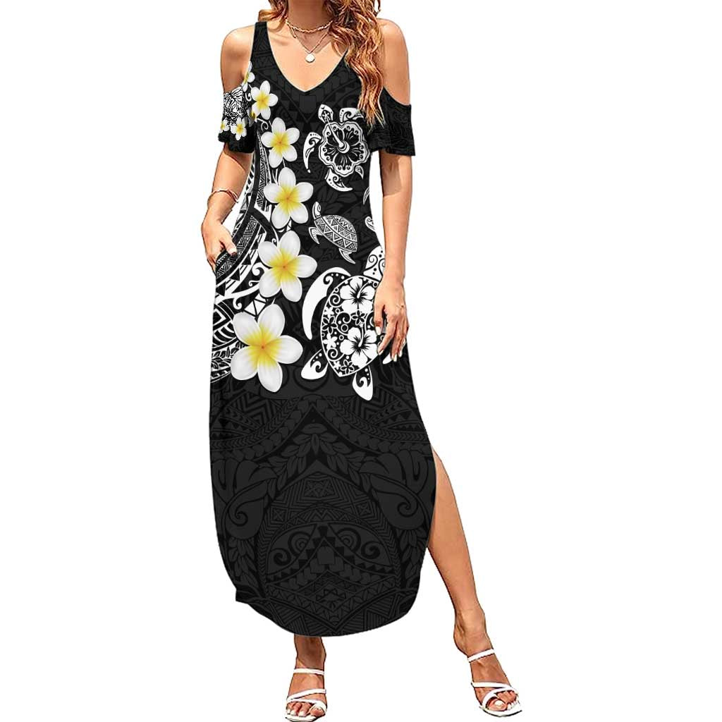 Hawaiian Plumeria Turtles Family Matching Summer Maxi Dress and Hawaiian Shirt Polynesian Art Tattoo LT03 Mom's Dress Black - Polynesian Pride