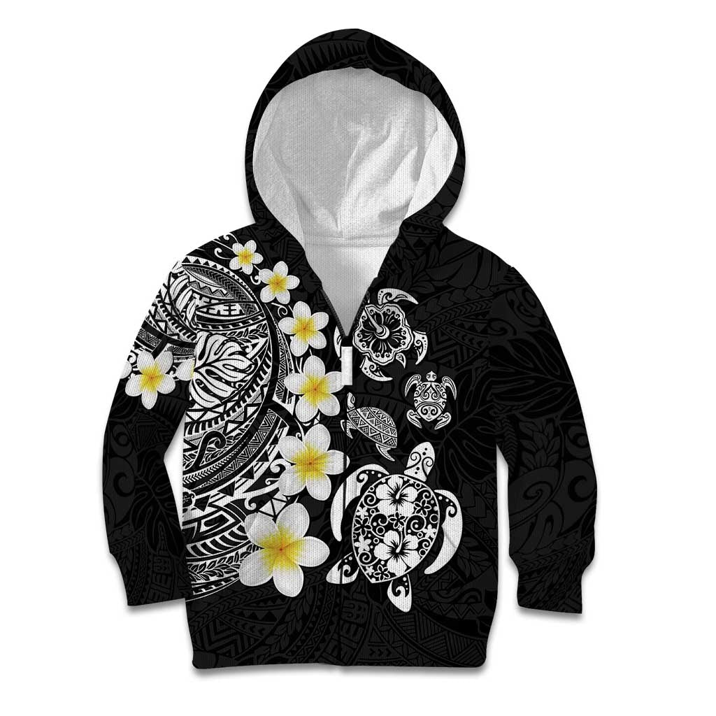 Hawaiian Plumeria Turtles Kid Hoodie Polynesian Art Tattoo LT03 Zip Hoodie Black - Polynesian Pride