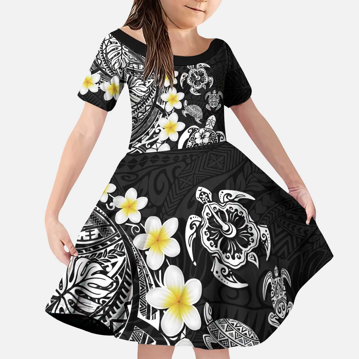 Hawaiian Plumeria Turtles Kid Short Sleeve Dress Polynesian Art Tattoo
