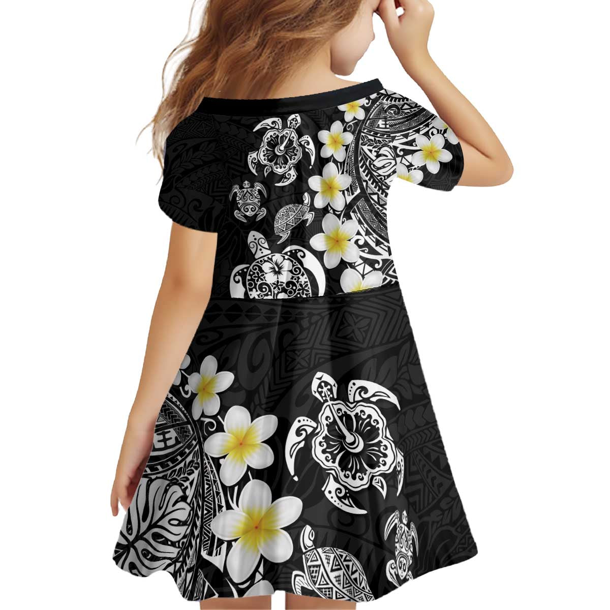 Hawaiian Plumeria Turtles Kid Short Sleeve Dress Polynesian Art Tattoo