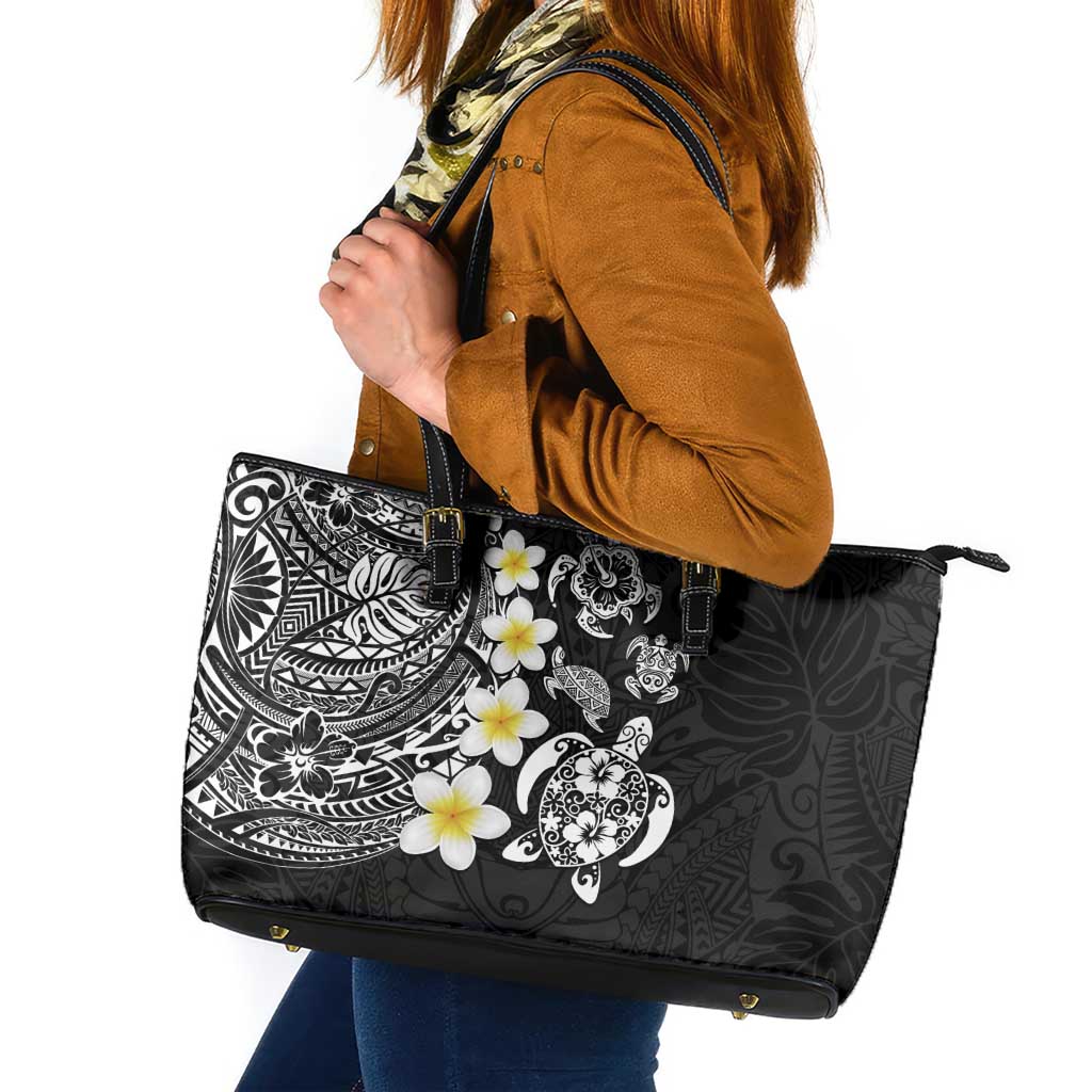 Hawaiian Plumeria Turtles Leather Tote Bag Polynesian Art Tattoo LT03 Black - Polynesian Pride