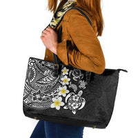 Hawaiian Plumeria Turtles Leather Tote Bag Polynesian Art Tattoo LT03 Black - Polynesian Pride