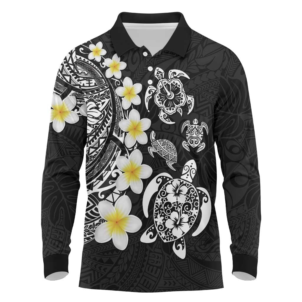 Hawaiian Plumeria Turtles Long Sleeve Polo Shirt Polynesian Art Tattoo