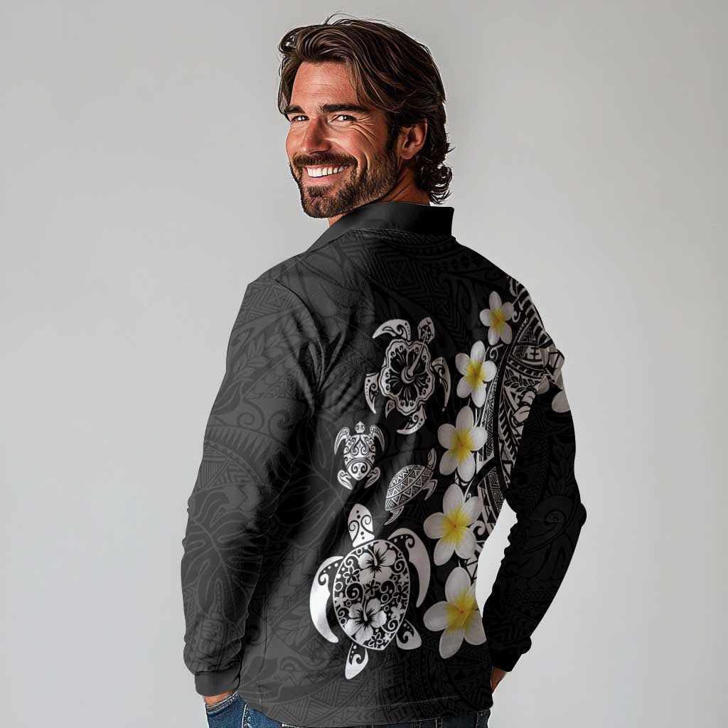 Hawaiian Plumeria Turtles Long Sleeve Polo Shirt Polynesian Art Tattoo
