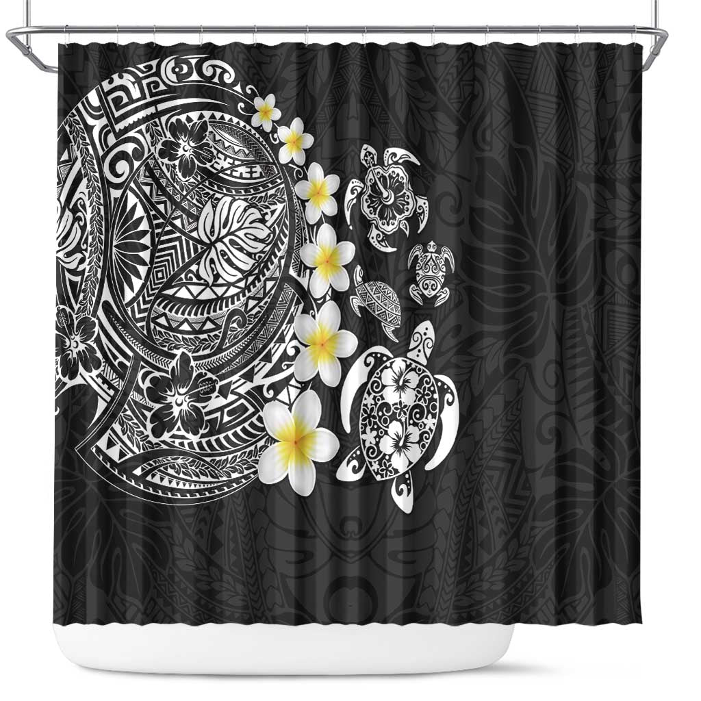 Hawaiian Plumeria Turtles Shower Curtain Polynesian Art Tattoo LT03 Black - Polynesian Pride