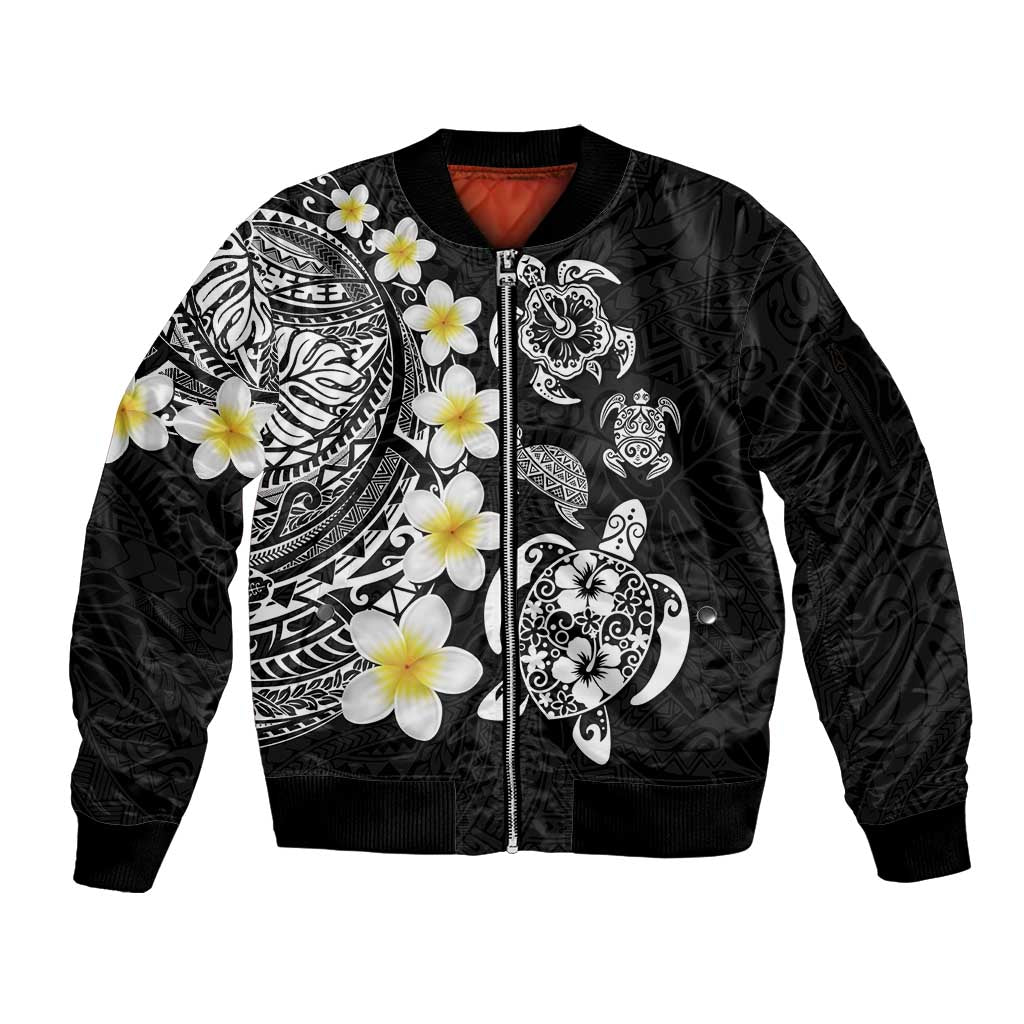 Hawaiian Plumeria Turtles Sleeve Zip Bomber Jacket Polynesian Art Tattoo LT03 Unisex Black - Polynesian Pride